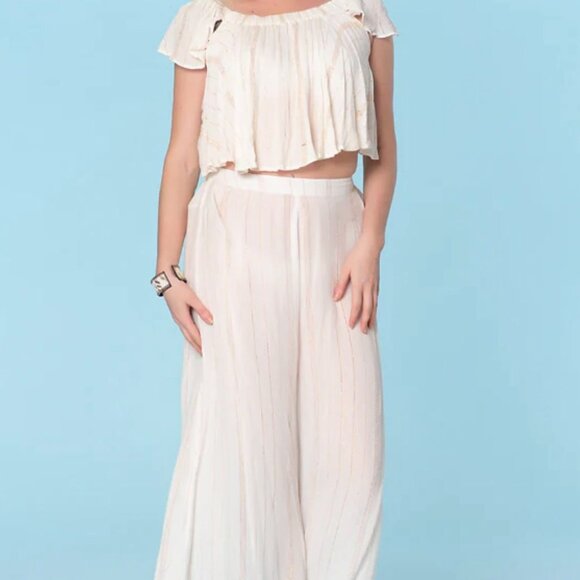 Ranees Off-Shoulder Top & Wide-Leg Pants palazzo Two-Piece White Bohemian Set - Picture 2 of 7
